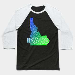 Colorful mandala art map of Idaho with text in blue and green Baseball T-Shirt